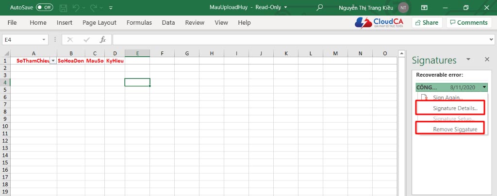 Ký file Excel bằng chữ ký số I-CA